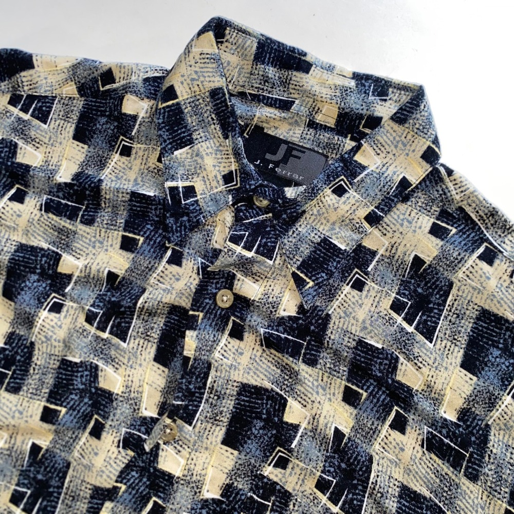 J Ferrar Mens Medium Rayon Short Sleeve Button Down Shirt Abstract Geometric